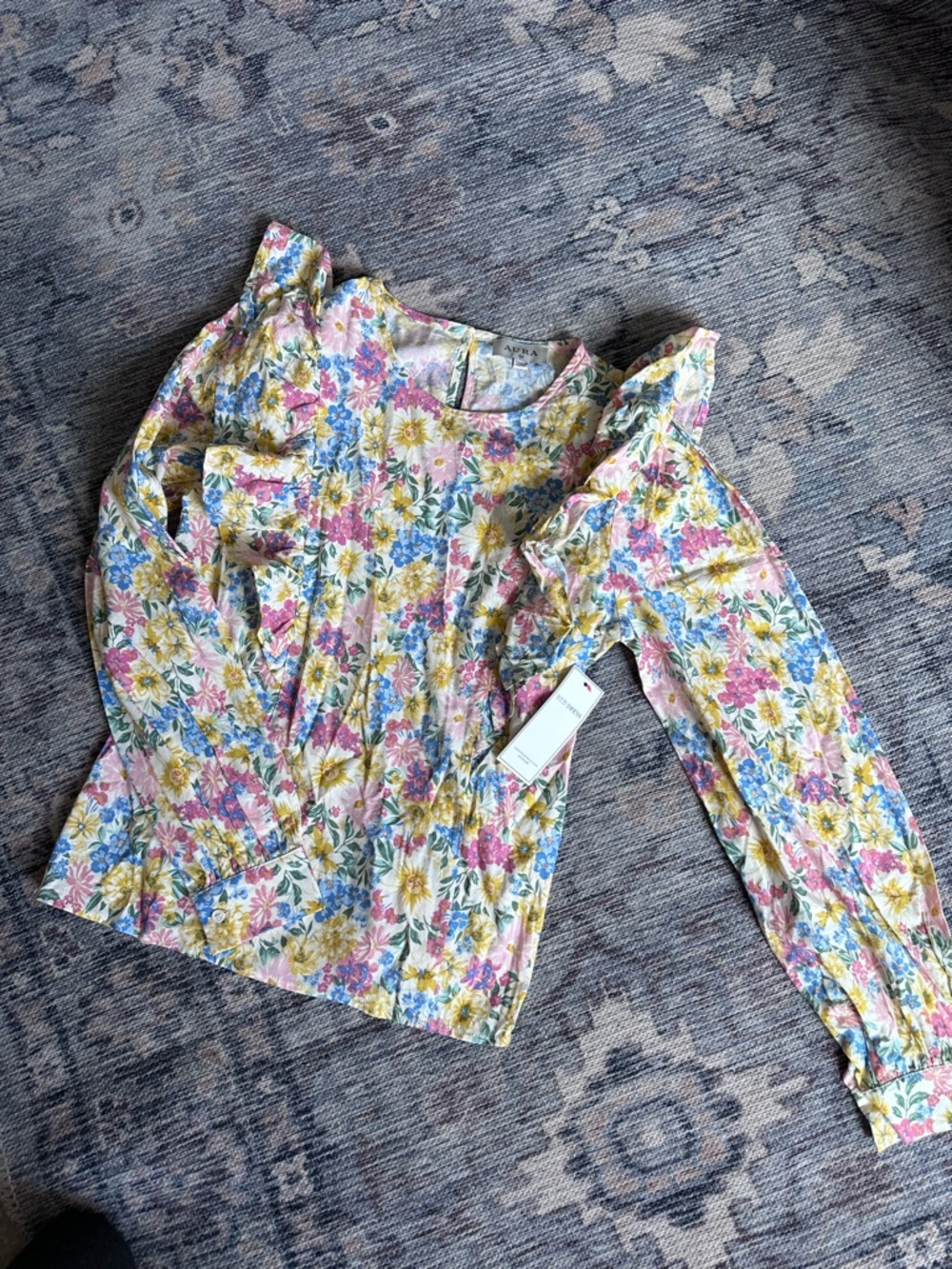 Aura Floral Ruffle-Sleeve Blouse in Pink, Yellow & Blue